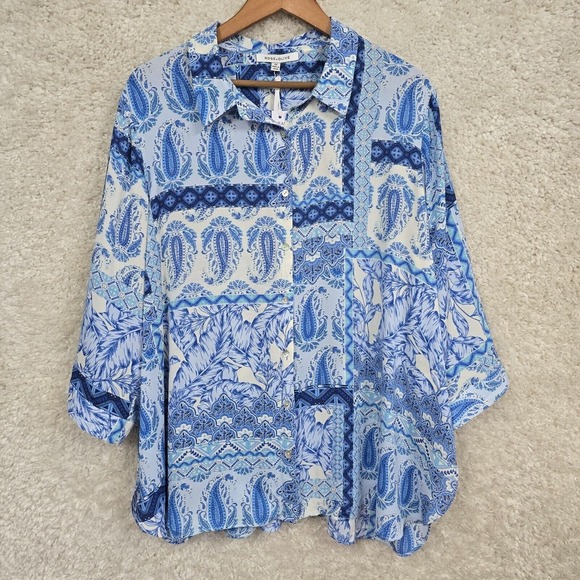 Rose Olive Top Women 2X Blue Button Up Long Sleeve Paisley Patchwork Lightweight - Picture 1 of 13